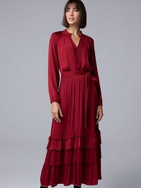 Simply Vera Vera Wang Red Long-Sleeve Tiered Midi Dress